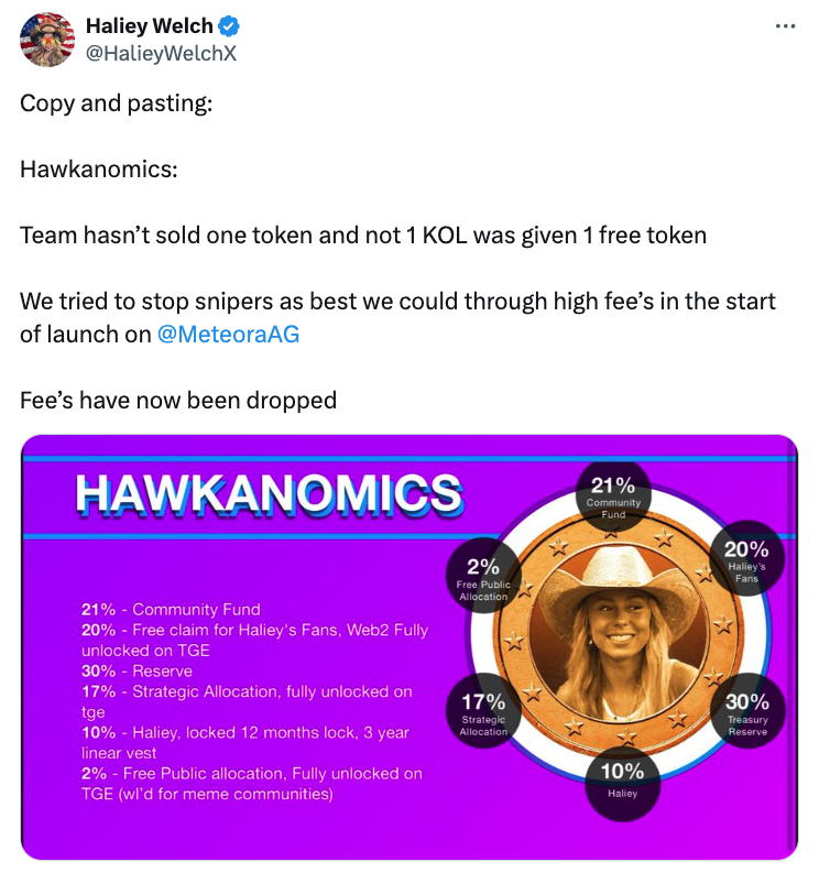 A now-deleted post where Welch shared the HAWK token’s tokenomics before it launched. Source: X