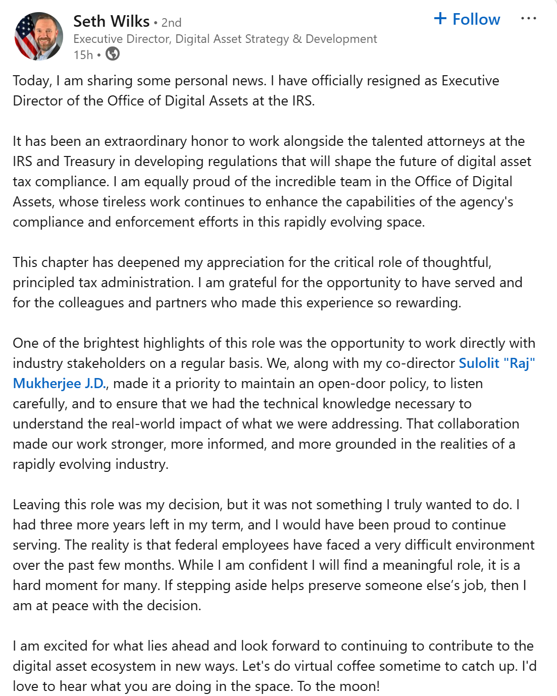 Seth Wilks announcing his departure on LinkedIn. Source: Seth Wilks