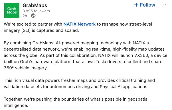 GrabMaps thông báo hợp tác với Natix Network trên LinkedIn. Nguồn: GrabMaps
