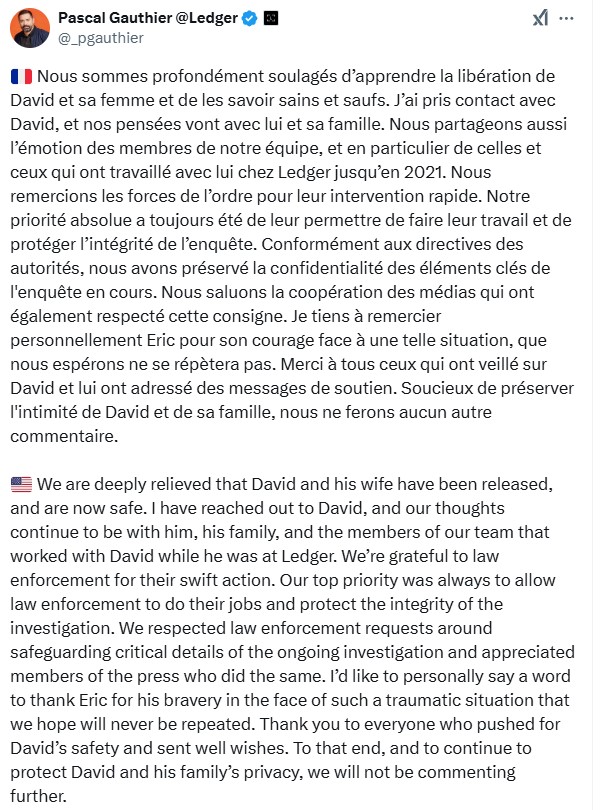 Ledger CEO Pascal Gauthier released a statement after Balland was rescued. Source: Pascal Gauthier