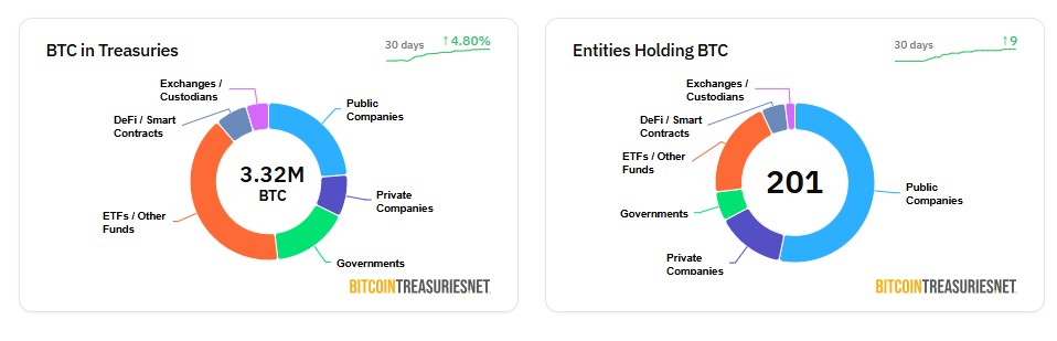 Bitcoin treasury metrics. Source: Bitcointreasuries.net