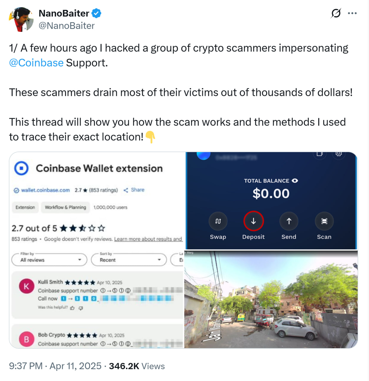 Crypto scammers impersonate Coinbase support. Source: NanoBaiter