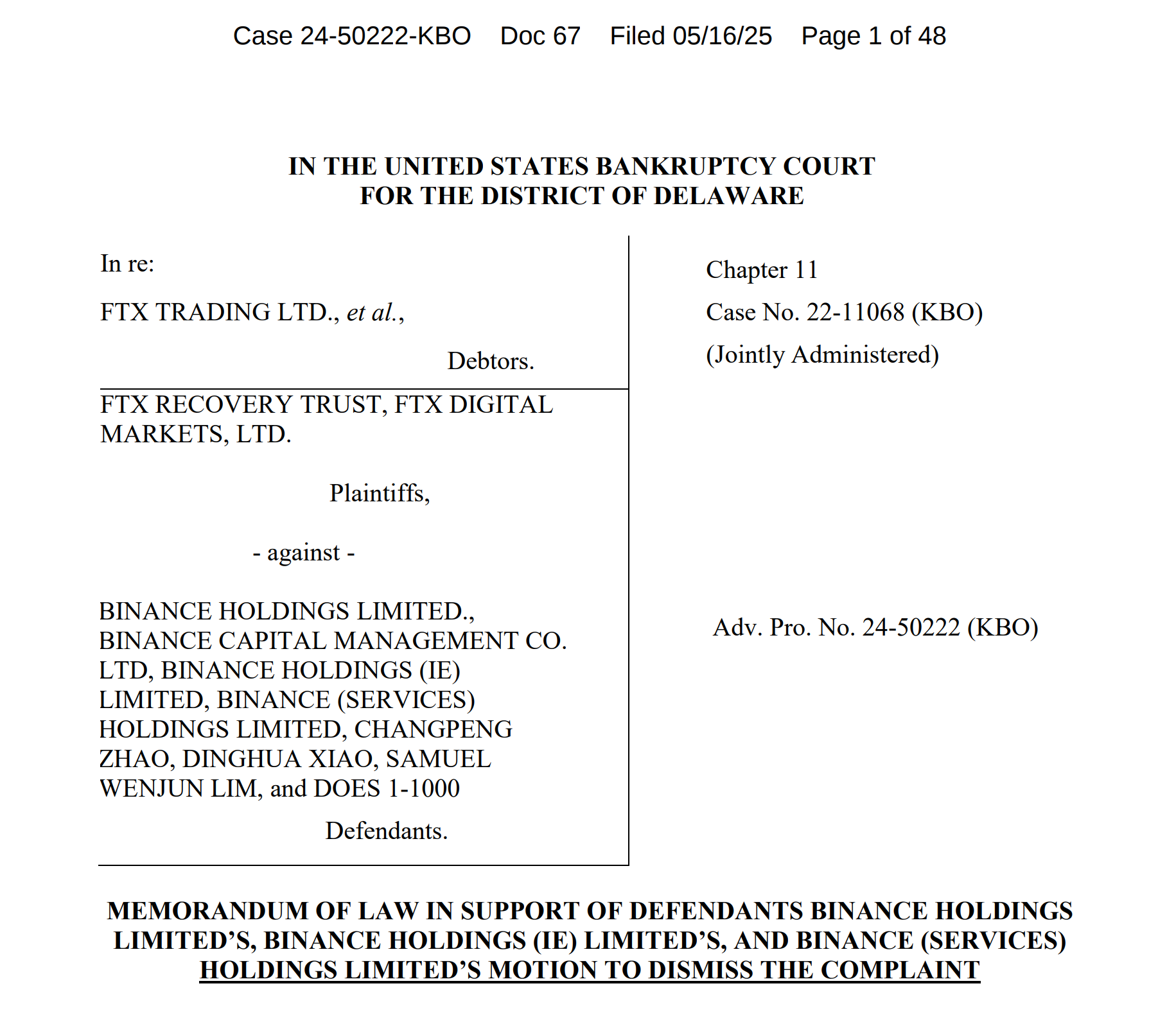 Binance filing to dimiss FTX’s lawsuit against the exchange. Source: Law360news