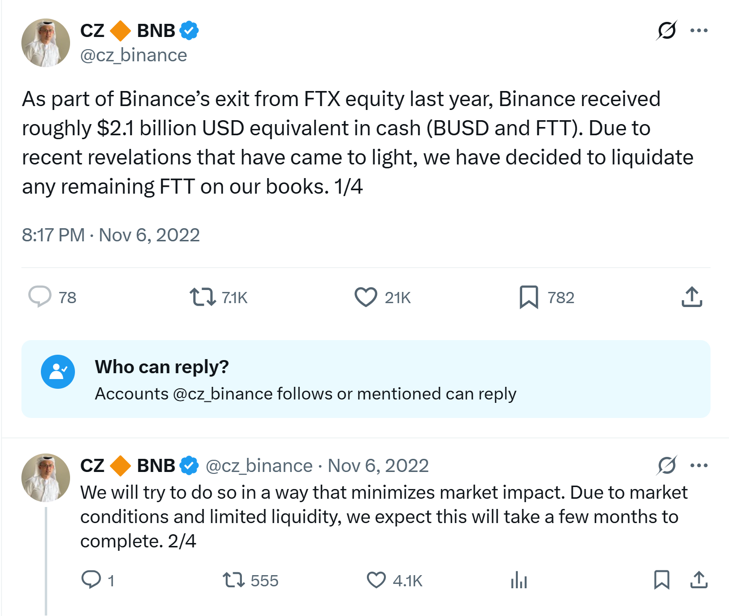 CZ announcing plans to liquidate FTT holdings in 2022. Source: CZ
