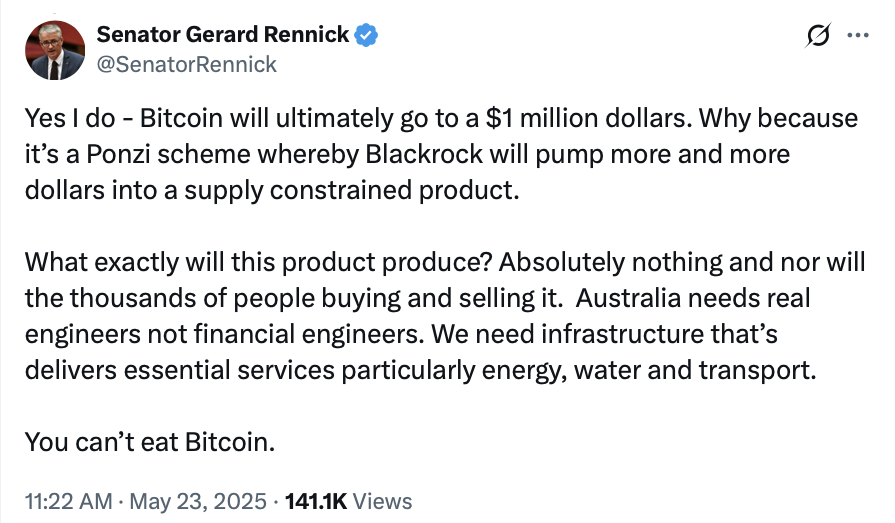 Bitcoiners đáp trả Thượng nghị sĩ Úc: 'Không thể ăn Bitcoin!' 2 Cryptocurrencies, Australia