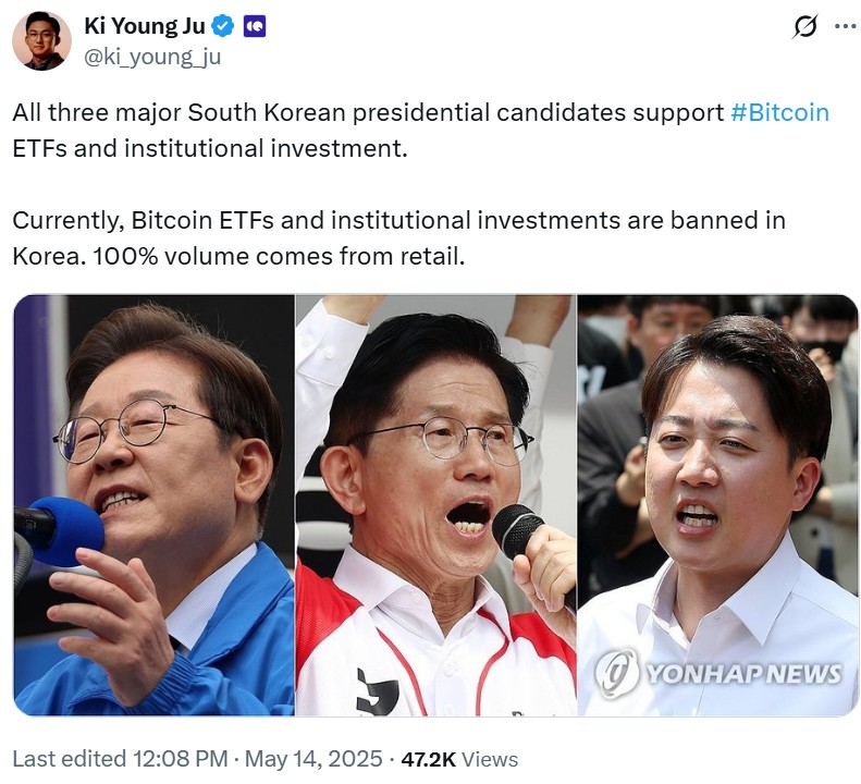 Các ứng cử viên tổng thống khơi dậy sự quan tâm của tổ chức đối với thị trường tiền điện tử do bán lẻ thúc đẩy của Hàn Quốc. Nguồn: Ki Young Ju