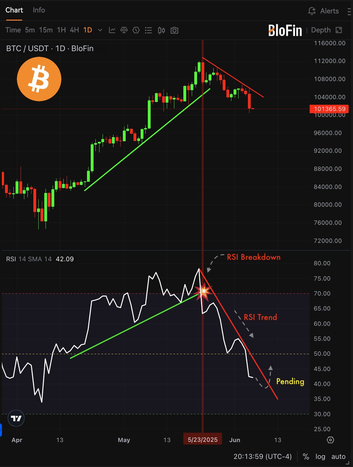 BTC/USD 1-day chart with RSI data
