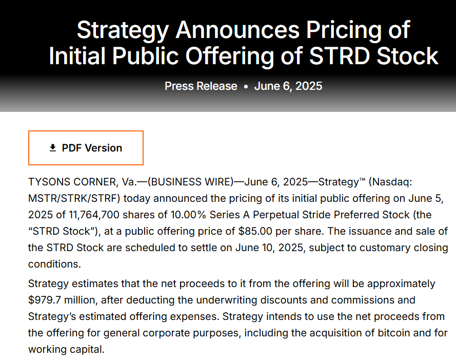 MicroStrategy announces pricing of IPO stock. Source: Strategy
