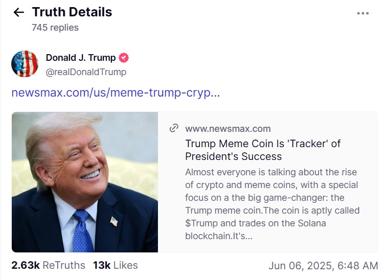 Donald Trump chia sẻ một bài viết thảo luận về memecoin như một công cụ theo dõi thành công. Nguồn: Donald Trump