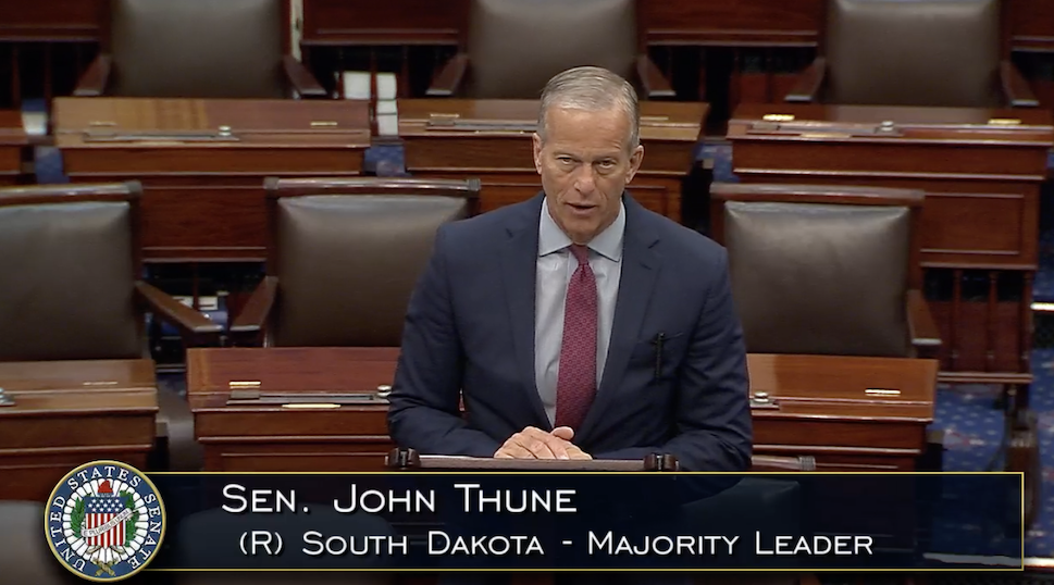 Senate Majority Leader John Thune speaking in favor of voting for the GENIUS Act on Wednesday. Source: US Senate