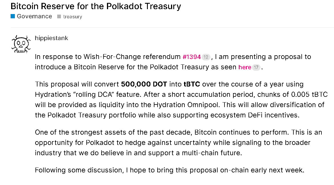 Polkadot proposal for a Bitcoin reserve. Source: Polkadot forum