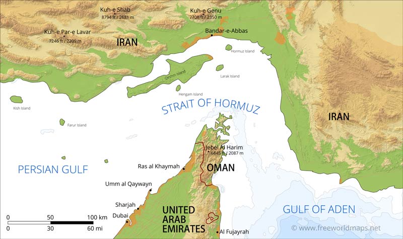 The Strait of Hormuz, the narrow waterway that transports 20% of the global oil supply. Source: Free World Maps