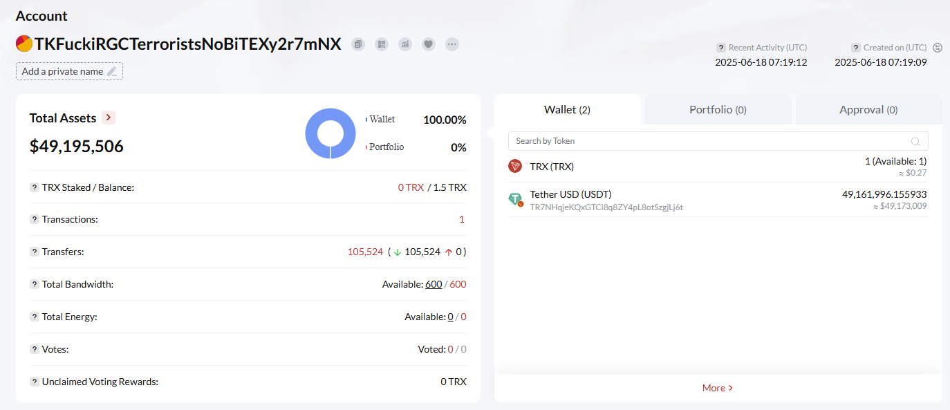 Attacker wallet 'KFucki'. Source: Tronscan