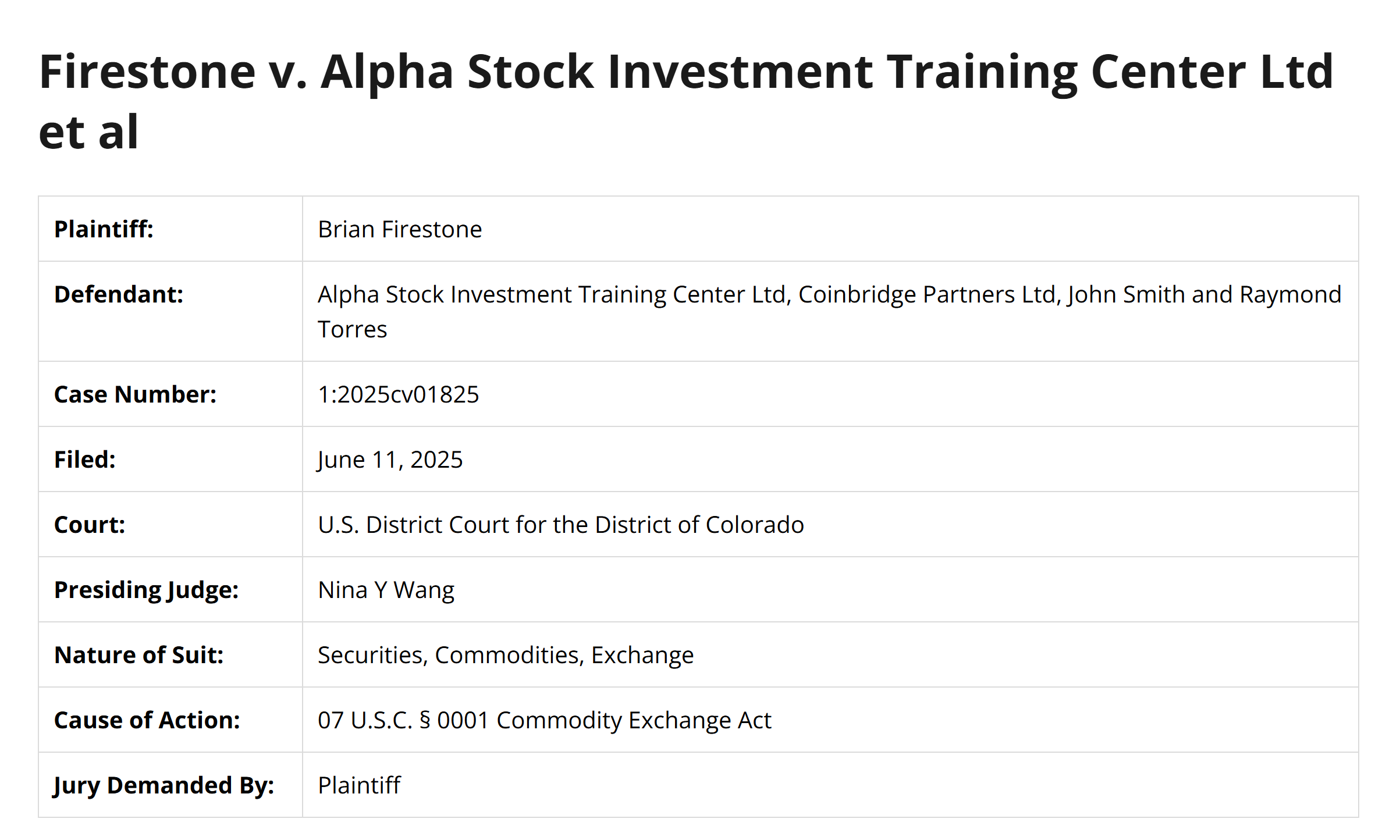 Firestone lawsuit against Alpha Stock Investment Training Center. Source: Justia