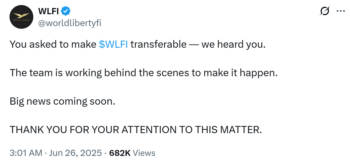 WLFI token to become transferable