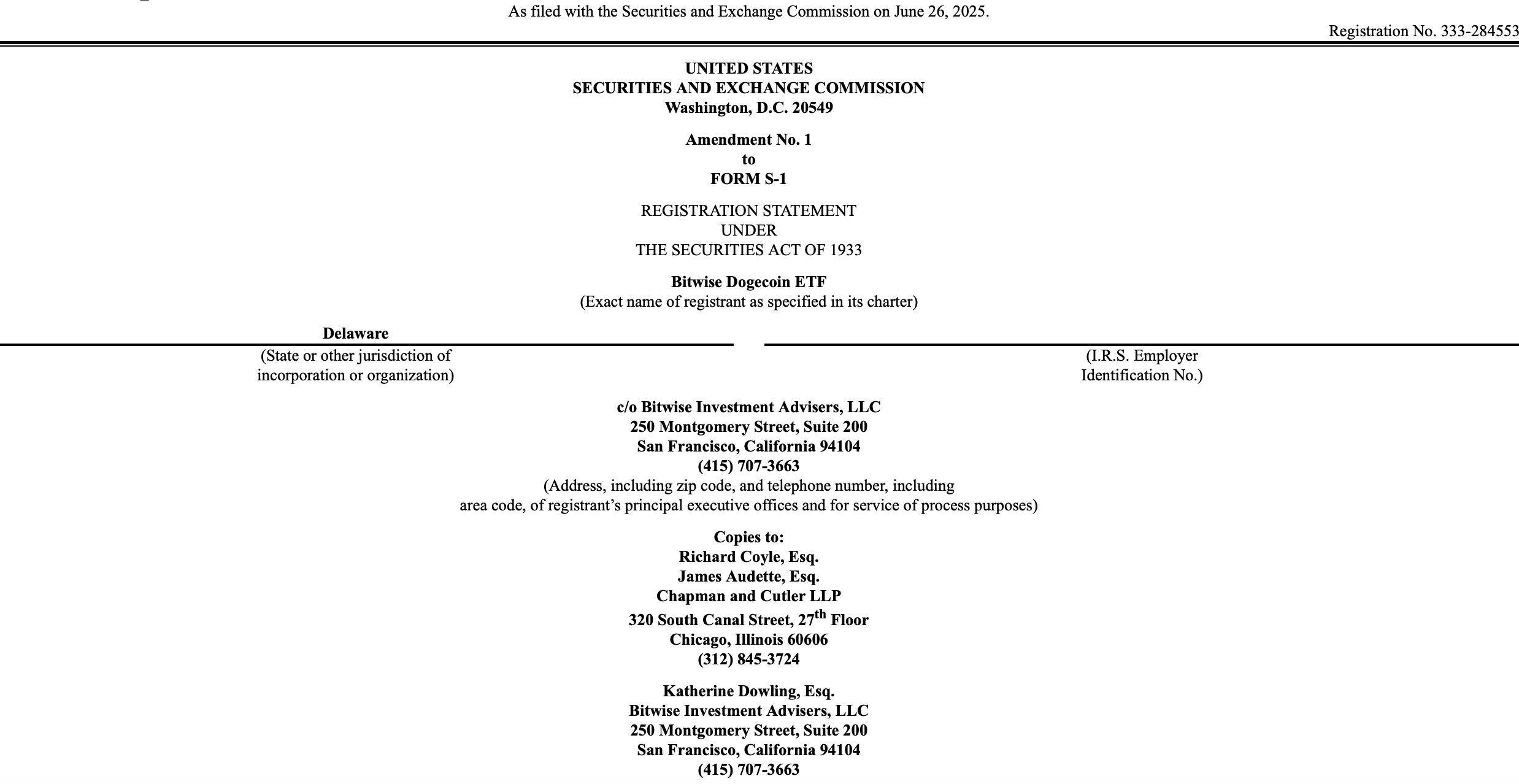 Bitwise amended S-1 for Dogecoin ETF. Source: SEC