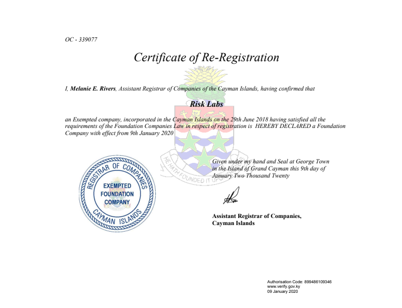 Risk Labs’ certificate of company re-registration. Source: Across Bridge Protocol