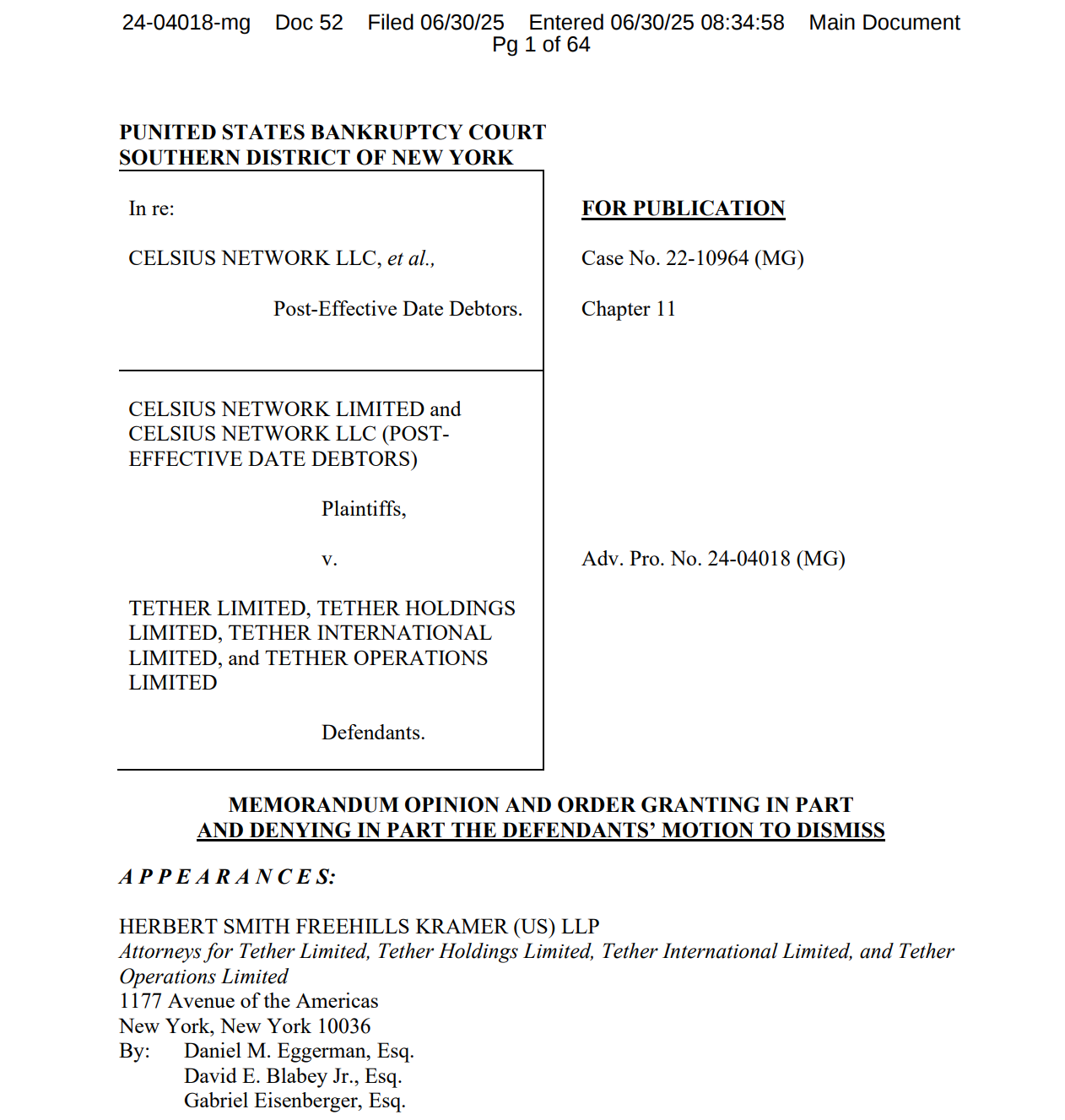 Judge allows Celsius lawsuit against Tether to proceed. Source: CourtListener