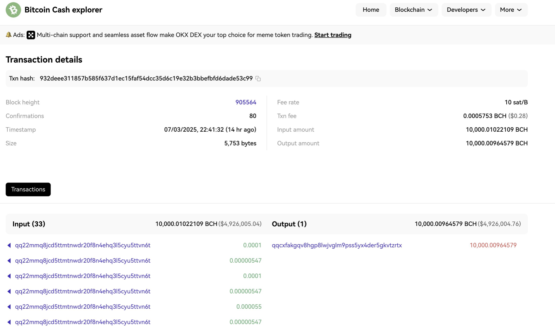 Coinbase’s Conor Grogan highlighted a single Bitcoin Cash transaction. Source: Conor Grogan