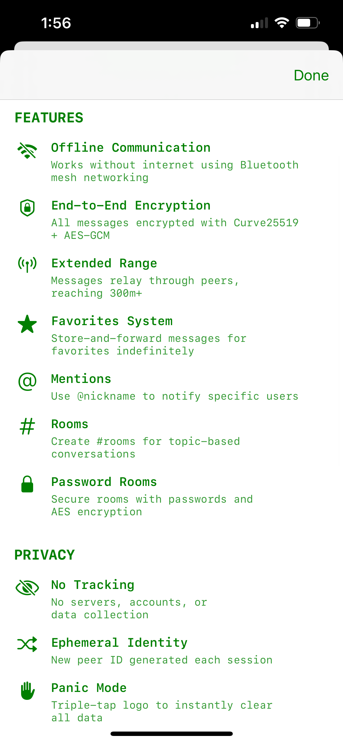Screenshot of Bitchat’s features as shown in version 1.0 of the TestFlight app. Source: Cointelegraph