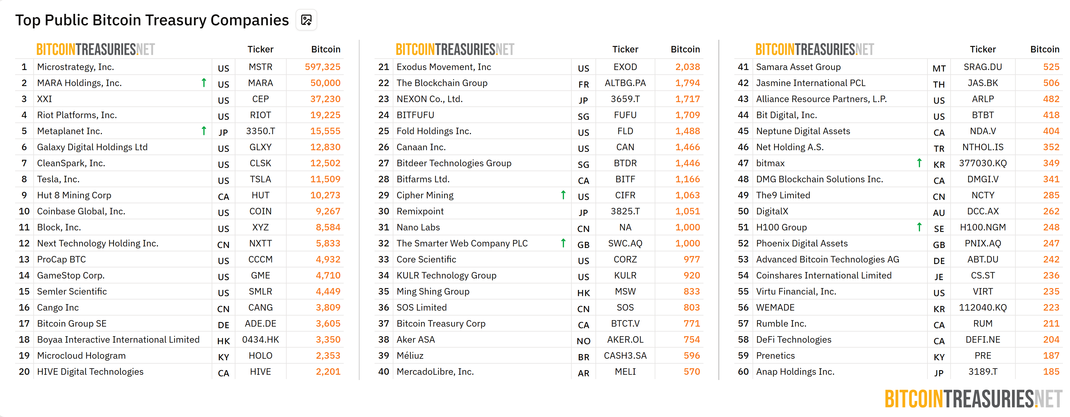 Top public Bitcoin treasury firms. Source: BitcoinTreasuries.NET